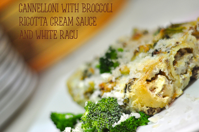 Cannelloni with broccoli ricotta creamy sauce and white ragú